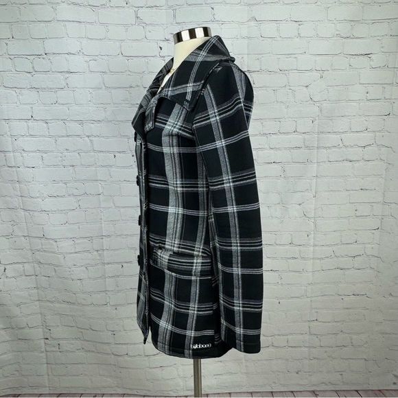 Billabong Jacket Womens Medium Black Plaid Tapered Waist Pea Coat With Pockets - Picture 2 of 16